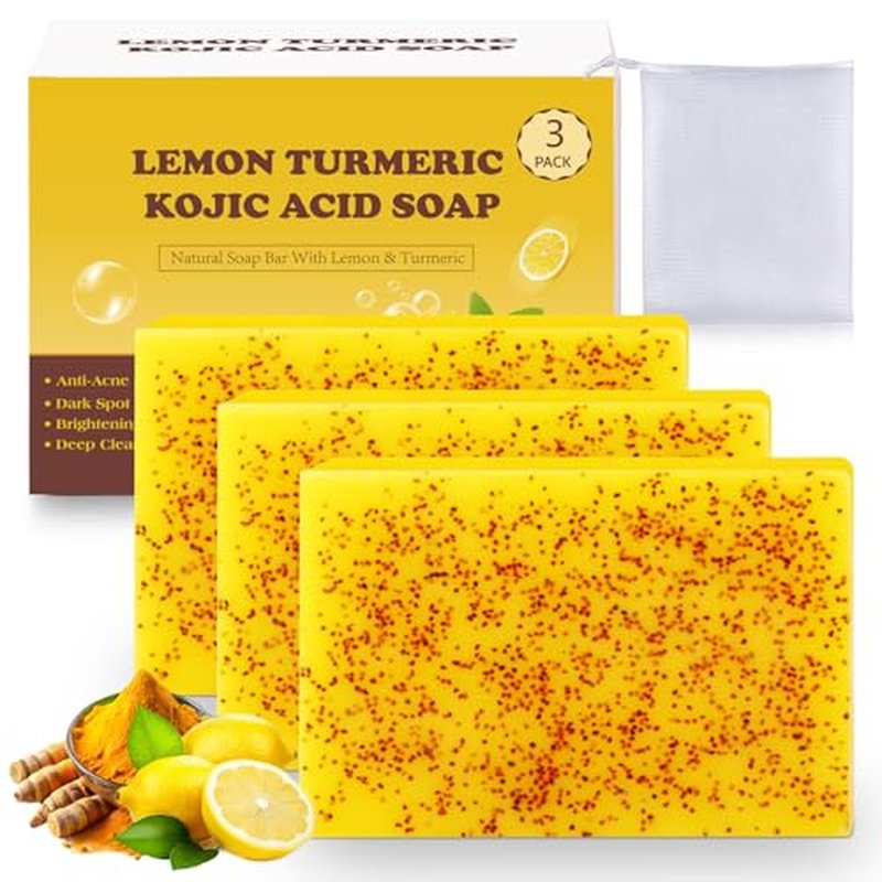 Kojic Soap Bar, Lemon Turmeric Soap Bar with Vitamin C for Dry Sensitive Skin, Turmeric Soap for Face, Body Hands 3 Bars