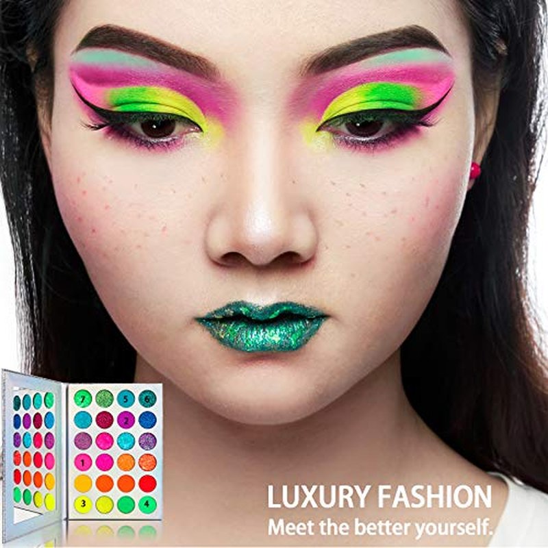 Afflano Neon Makeup Palette Eyeshadow, Glow in the Dark Colorful Eyeshadow Palette Highly Pigmented, Neon Party UV Blacklight Eye Shadow Pallet, Red Orange Pink Pressed Glitter Eyes Makeup Palette