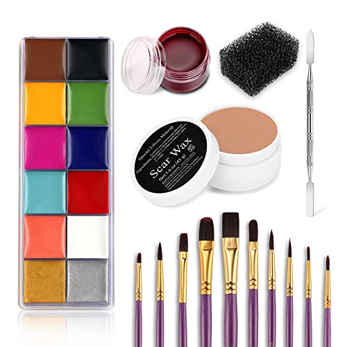 Professional Special Effects Makeup Kit with 12 Face & Body Paints, Brushes & Wound Modeling Tools