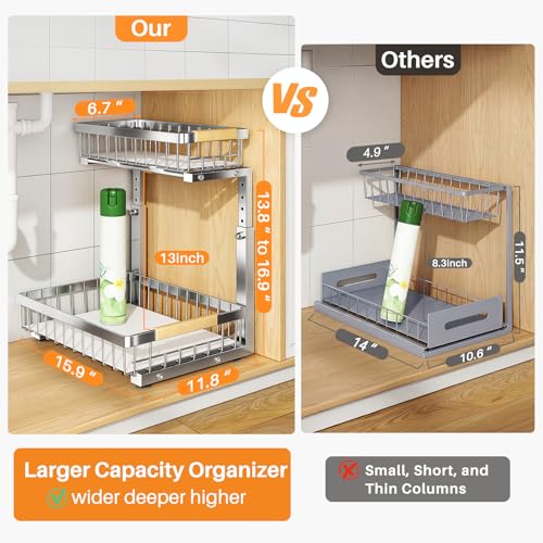Under Sink Organizer 2-Tier Pull-Out Storage Shelf - Silver, Adjustable Height