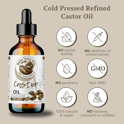 Bella Terra Oils - Organic Castor Oil 2oz Glass Bottle - Pure & Cold-Pressed, Rich in Stearic Acid for Skin & Hair Care