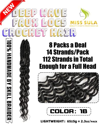 24 Inch Deep Wave Faux Locs Crochet Hair - 8 Packs, 112 Strands, Natural Black