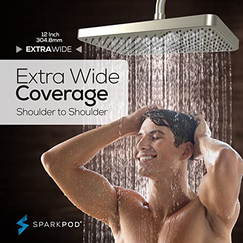 Rain Shower Head 12 Inch Rectangle Brushed Nickel Ceiling & Wall Mount - Luxury Fixed Showerhead with 184 Nozzles