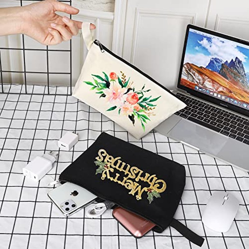 10 Pieces Cotton Canvas Makeup Bag with Bottom, Multi-Purpose Cosmetic Bag with Zipper Travel Toiletry Pouch, Blank DIY Craft Bag Pencil Bag (L, White) (MN-WB07)