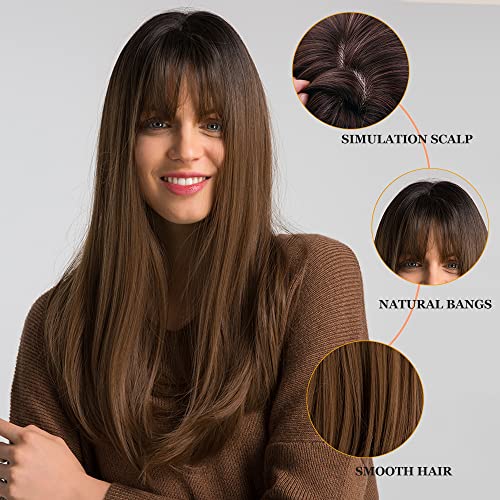 Esmee Long Straight Synthetic Brown Wig with Bangs - 20 Inch, Adjustable Cap, Cosplay & Fashion