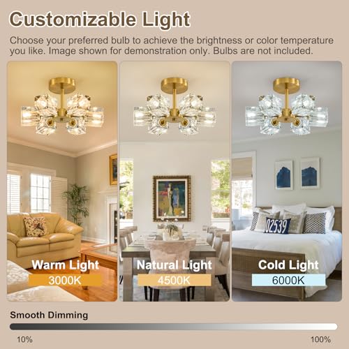 Sputnik Crystal Semi Flush Ceiling Light - 6 Lights Gold Variation