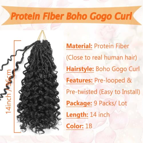RENJOING 14 Inch Black Protein Fiber Boho Gogo Curl Crochet Hair 9 Packs