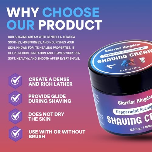 Warrior Kingdom Shaving Cream - Peppermint Eucalyptus. Refreshing Scent. Rich Creamy Lather for the Smoothest Shave. For face, head and body. Gentle, non irritating formula for all skin types.