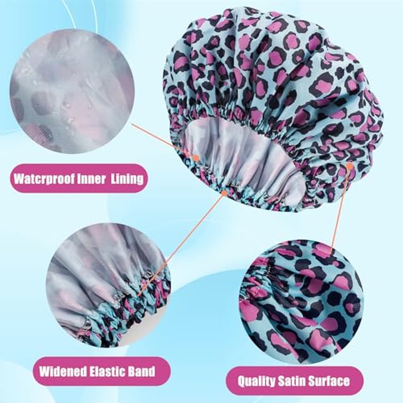 4 PCS Shower Caps for Women,Reusable Waterproof Shower Cap,Double Layers Bath Caps,Large Shower Cap with EVA Lining,Elastic Bathing Hair Cap for All Hair Lengths(Leopard 2)
