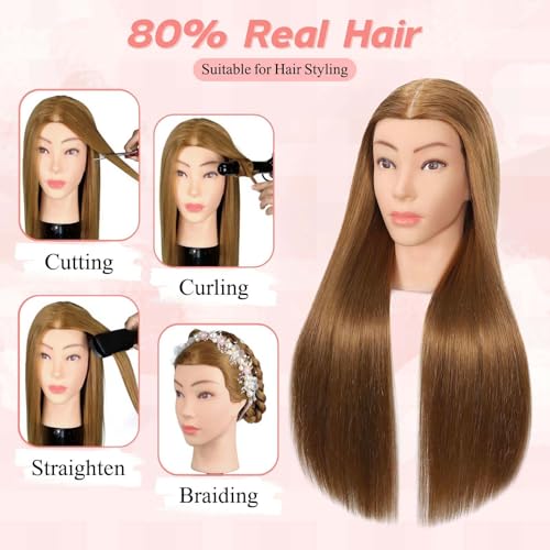 Mannequin Head Human Hair, 80% Real Hair Cosmetology Manikin Head for Practice Braiding Hairstyling Cutting with Free Clamp Holder and Tools (Light Brown)