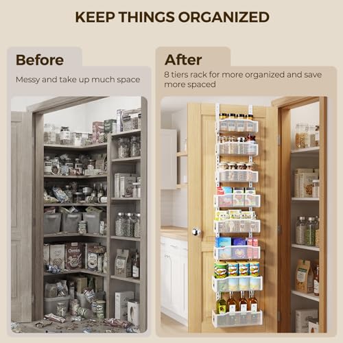 Delamu White 8-Tier Over-the-Door Pantry Organizer & Spice Rack, Adjustable Wall Mount Storage for Kitchen & Bathroom, 12 Inch