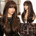 Long Wigs for Women 26 Inch Mix Brown Highlights with Bangs - Realistic Scalp & Wavy Style