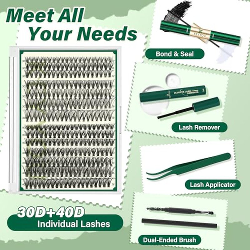 KEYYOU Lash Extension Kit DIY 280Pcs Lash Clusters Eyelash Extension Kit 30D40D,D Curl 9-18MIX Lash Clusters Kit with Lash Glue Remover Applicator Easy to Use for Beginners(Kit,30D40D-D,9-18MIX)