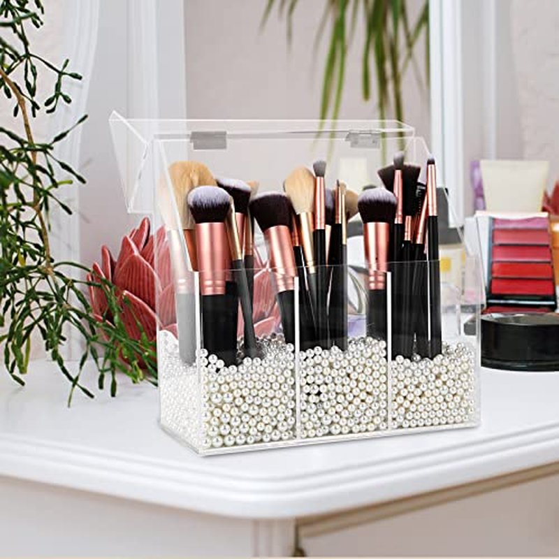 Acrylic Makeup Brush Holder, Clear Cosmetic Storage Box with 3 Brush Holders, Dust Cover, Large-Capacity Split Design for Organizing Vanity Desk