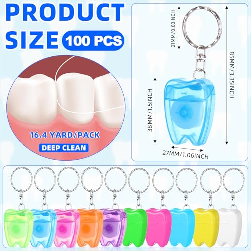 Landical 100 Pcs Mini Tooth-Shaped Dental Floss Keychains Bulk, Portable Oral Care, Mixed Colors
