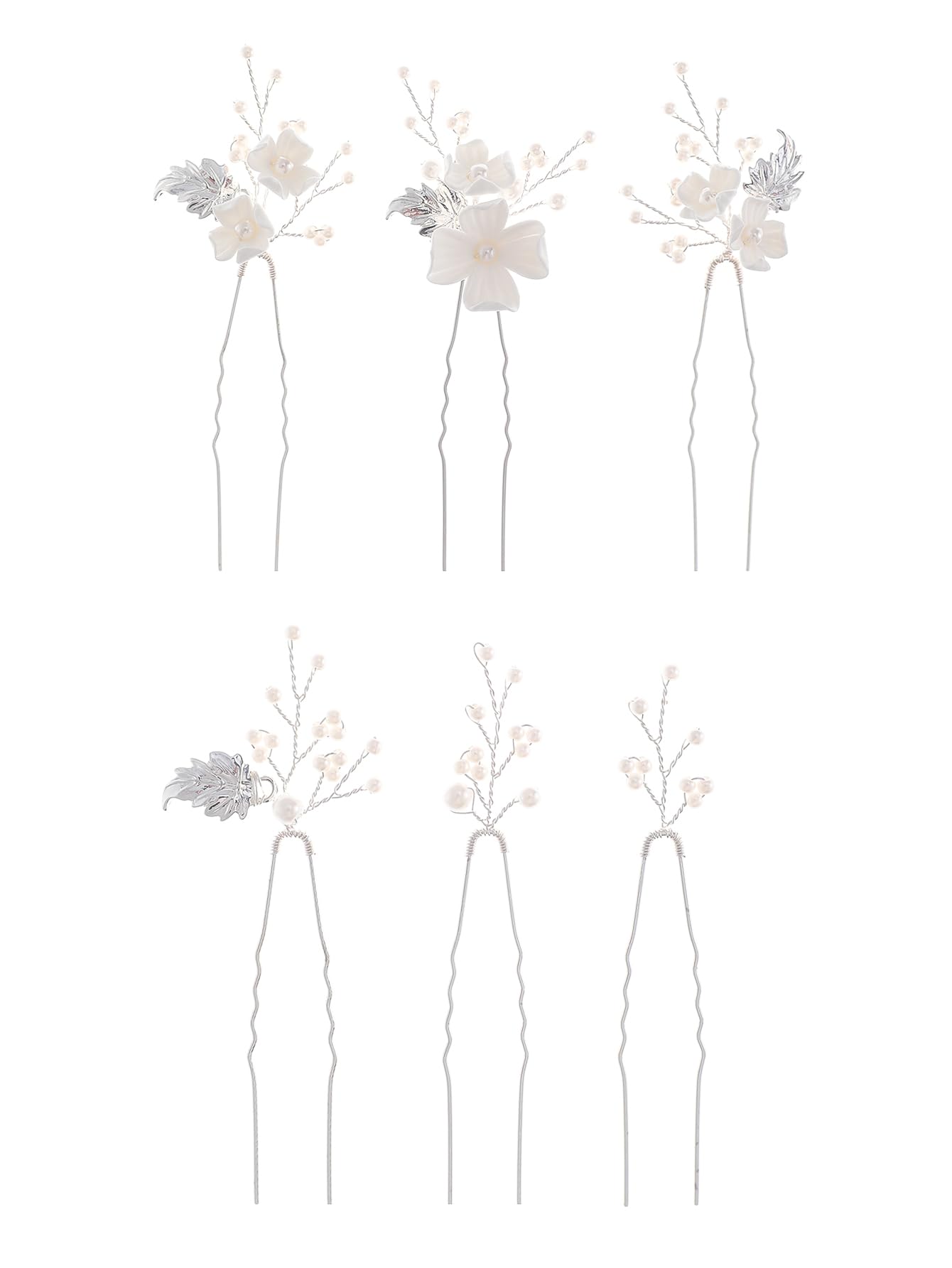 SELFCLOUD Handmade Pearl Bridal Wedding Hair Pins 6Pcs White Flower Gold Leaf Pearls Clips Bridal Hair Accessories for Women Brides Bridesmaid
