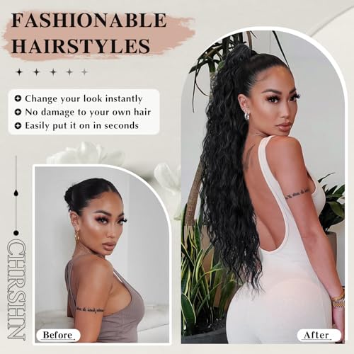 30 Inch Black Curly Ponytail Extension with Claw Clip - Long Wavy Hairpiece for Women