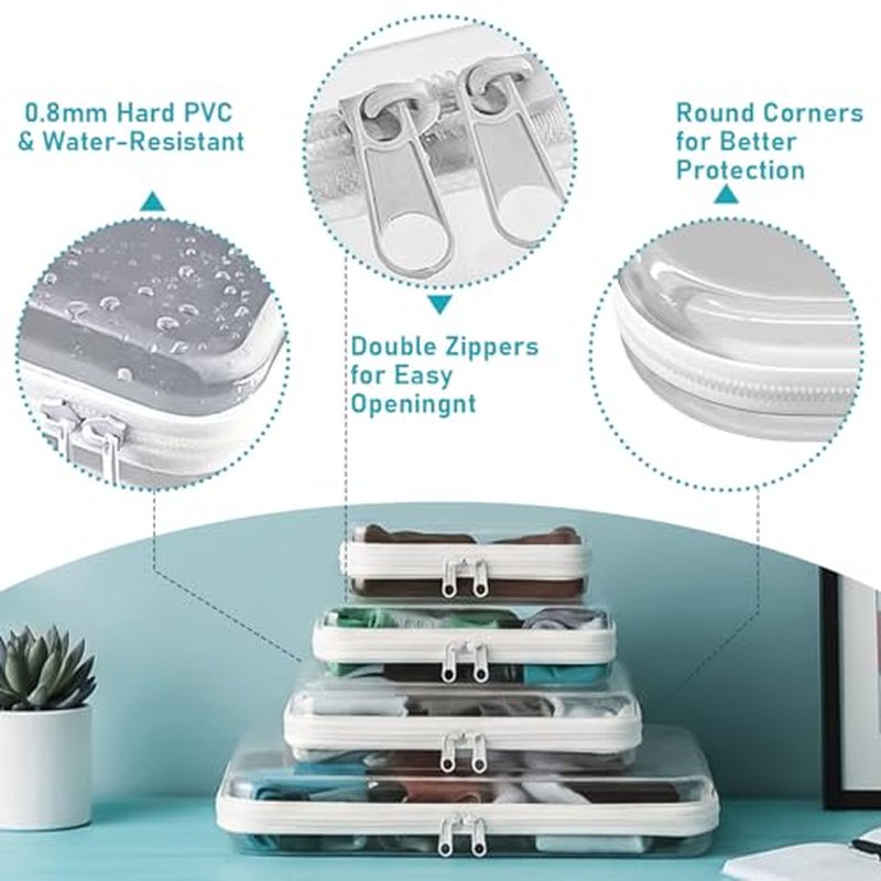 4PCS Clear Hard Shell Double-Zipper Pouches, Transparent Plastic Organizer Bags for Travel Cosmetics, Toiletries, Toy Storage & More