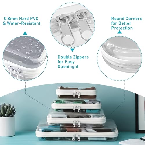 4PCS Clear Hard Shell Double-Zipper Pouches, Transparent Plastic Organizer Bags for Travel Cosmetics, Toiletries, Toy Storage & More