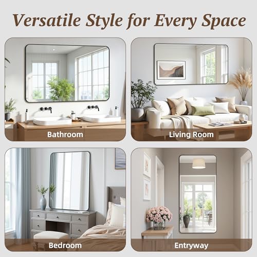 Large 55x30 Inch Rectangular Bathroom Mirror with Rounded Corners - Black Wall Mount