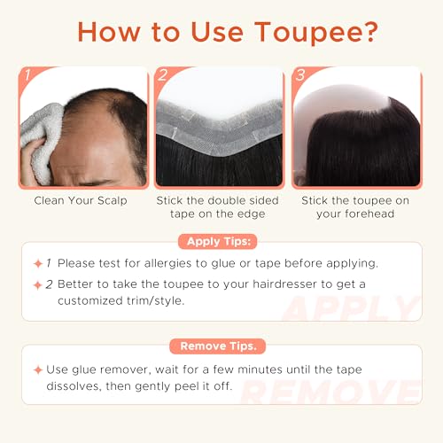 SEGO Men's Human Hair Toupee V-Shape Hairpiece 1.57x7 Inches for Natural Hairline