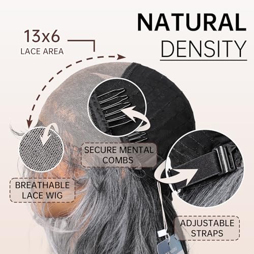 Allbell 13x6 Lace Front Wigs for Black Women - Ombre Gray Silver, 28 Inch Body Wave, Preplucked Hairline with Baby Hair - Balayage Gray 1005-5GR28