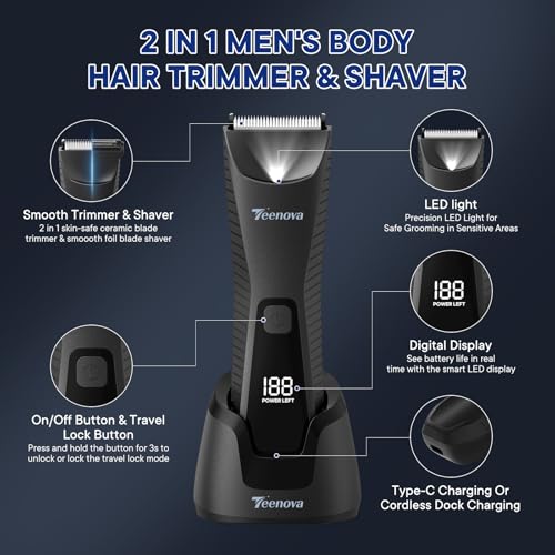 TEENOVA Black 2-in-1 Electric Body & Groin Hair Trimmer with Ceramic Blades