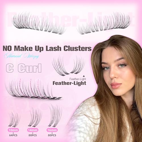 Natural Lash Clusters Wispy Eyelash Clusters Short 10-12-14MM Cluster Eyelash Extensions Clear Band Cluster Lashes 224PCS C Curl Individual Lashes for Clean Girl DIY Pesta?as Postizas Naturales