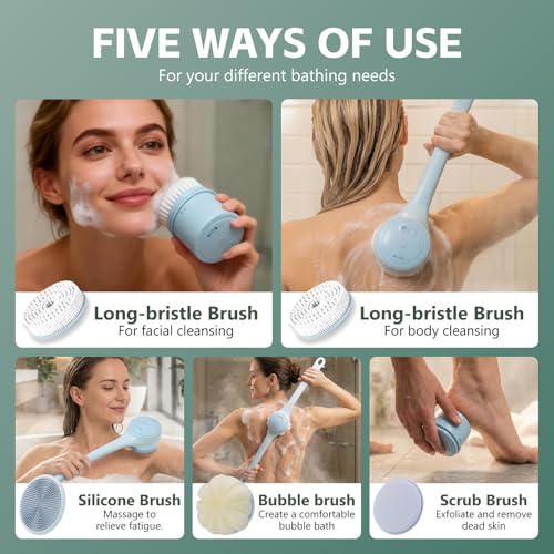 Electric Body Scrubber Back Brush with 4 Heads Waterproof Dual Handle Blue