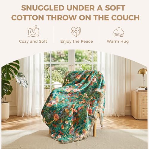 LUTBM King Size Reversible Cotton Blanket with Floral Embroidery - 108x90 Inches