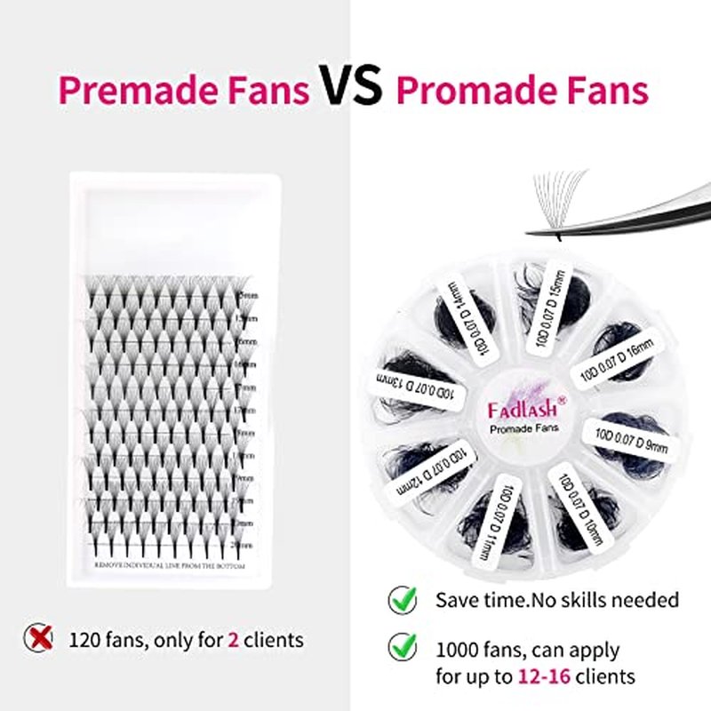 FADLASH 1000 Fans 10D Premade Volume Eyelash Extensions Mixed Tray Premade Fans Eyelash Extensions D Curl Premade Lash Fans Pointed Handmade Promade Loose Fans Thin Base (10D-0.07D,9-16mm)