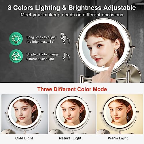 Rechargeable Wall Mounted Makeup Mirror Brushed Nickel, 8.5'' Magnifying Mirror with Lights Double-Sided 1X/10X 360¡Æ Rotation Extension Bathroom Shaving Mirror with Foldable Arm