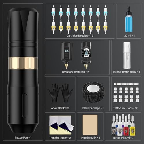 Wireless Tattoo Gun Kit with 2 Batteries, 16 Cartridges, 7 Ink Colors - Black Kit