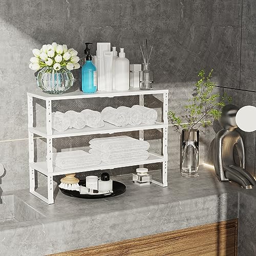 Expandable Stackable Kitchen Organizer Set - 3 White Metal Shelves, Adjustable & Heavy Duty