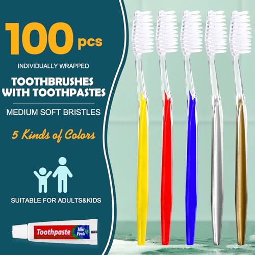 Disposable Travel Toothbrush Set with Toothpaste 100 Pack - Hygienic & Portable