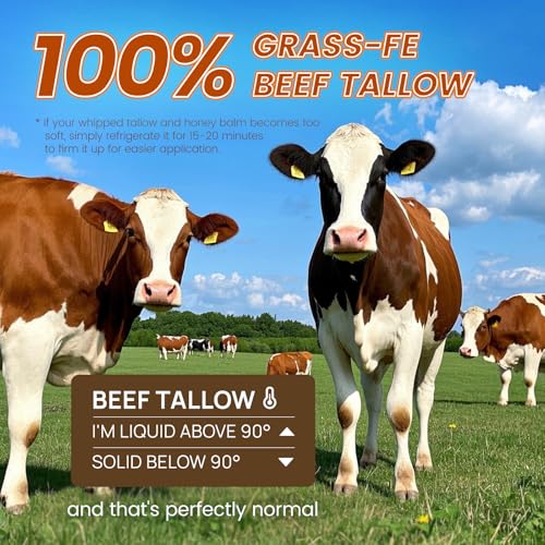 Whipped Beef Tallow and Manuka Honey Balm, Beef Tallow for Face, Unscented Skin Care for Dry and Sensitive Skin, Natural Tallow Balm for Hydration and Nourishment, 4 fl.oz