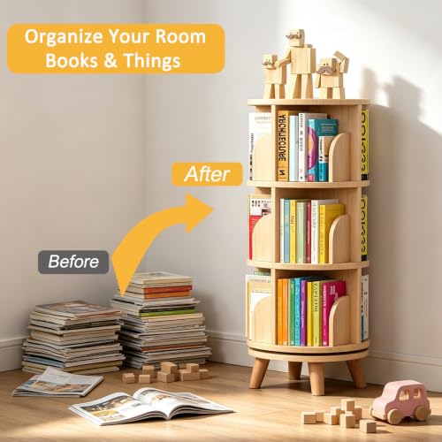 3 Tier Rotating Bookshelf - Wooden Round Floor Standing Bookcase with Legs