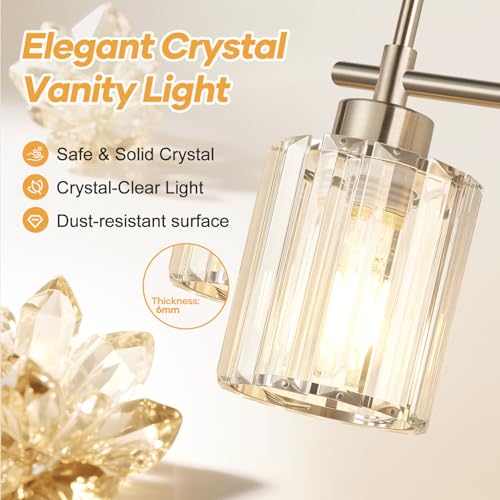 Brushed Nickel 3-Light Bathroom Vanity Light Fixture with Crystal Shades - Modern Wall Sconce for Mirror, Bedroom, Hallway