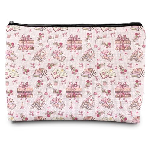Pink Bookish Makeup Bag, Reading Lover Reader Gifts for Women, Preppy Pink Bow Rose Floral Bookish Cosmetic Bags for Women, Bookworm Gifts Zipper Makeup Pouch Travel Toiletry Bag