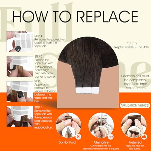 Full Shine Tape-in Human Hair Extensions Dark Brown 18 Inch 50G 20Pcs - Natural Remy Hair, Seamless & Reusable, #2 Variation