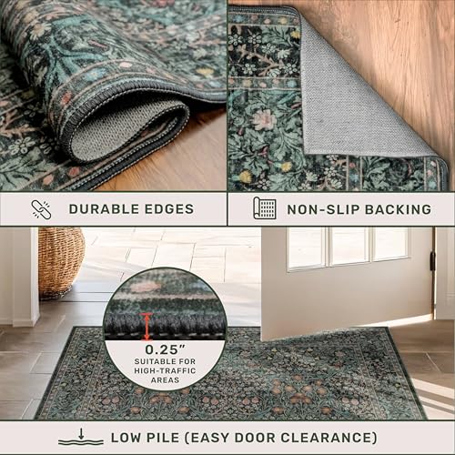 Dark Green & Black Floral Indoor Rug 5x7 Vintage Boho Non-Slip Washable Mat