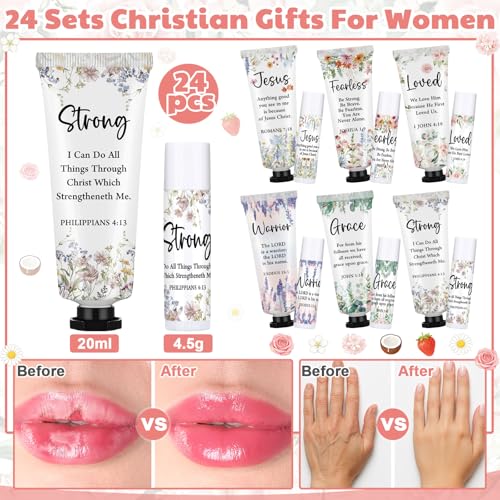 24 Sets Christian Hand Cream and Lip Balm Gift Set with Bible Themes - Christmas Religious Gifts for Women