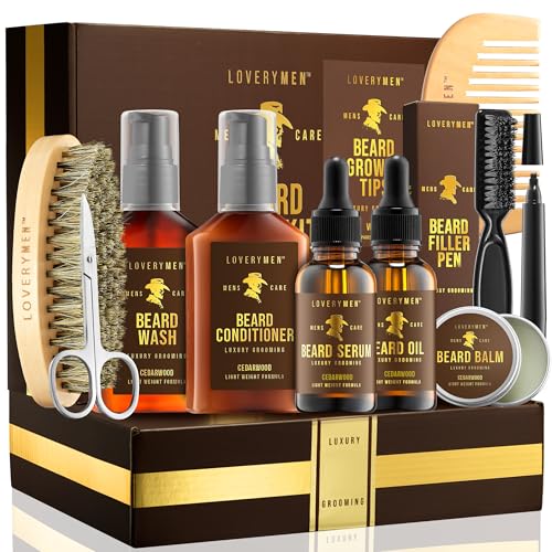 LOVERY Beard Care Kit - Gifts for Dad -12pc Complete Grooming Set in Cedarwood, Beard Balm, Wash, Conditioner, Oil, Serum, Beard Pen Birthday Gifts for Men Boyfriend Husband, Mens Gifts for Him