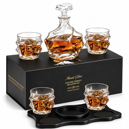 Mountain Whiskey Decanter Set with 4 Tumbler Glasses and Wood Base - Japanese Crystal, Lead-Free, 750ml