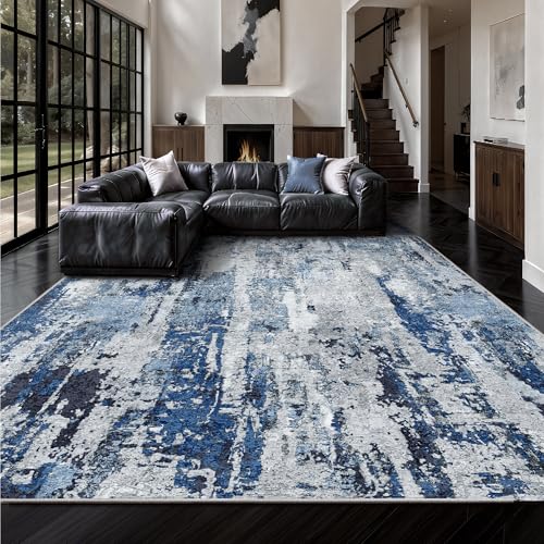 Ocean Blue 8x10 Abstract Modern Washable Rug - Non-Slip Low Pile Living Room Carpet