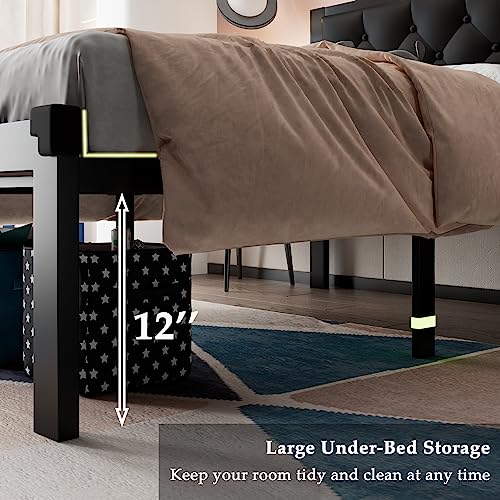 Feonase Twin Size Metal Bed Frame with Faux Leather Headboard, Storage, Black - No Box Spring Needed