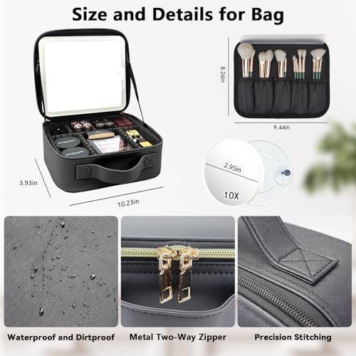 Travel Makeup Bag with LED Mirror & 10x Magnifying Glass - Black, Adjustable Dividers