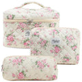 3 Pcs Cotton Quilted Makeup Bag, Large Aesthetic Cosmetic Bag Set Cute Flower Travel Toiletry Bag Makeup Brushes Storage Bag Trendy Makeup Organizer Bag for Women Girls (Pink Flower Set)