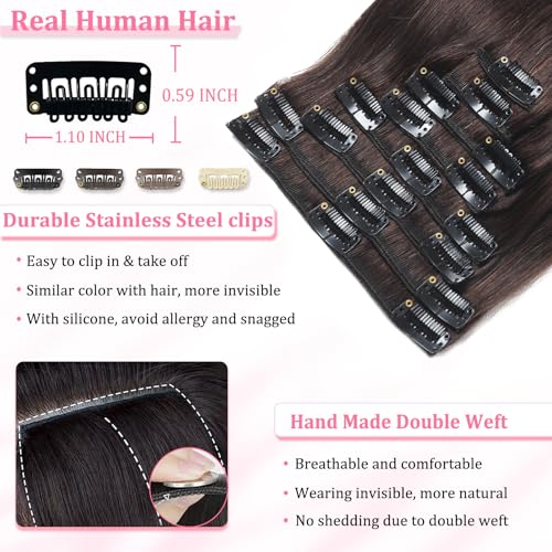 Dark Brown Clip-In Human Hair Extensions - 14 Inch, Salon Quality, Easy Style - Variation #2