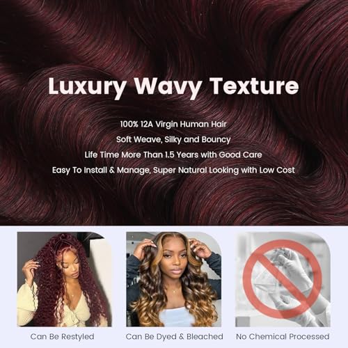 #99j Dark Burgundy Body Wave Hair Bundles - 10 Inch, 12A Virgin Brazilian Remy, Double Weft, Red Wine Color, MOMOSHERO